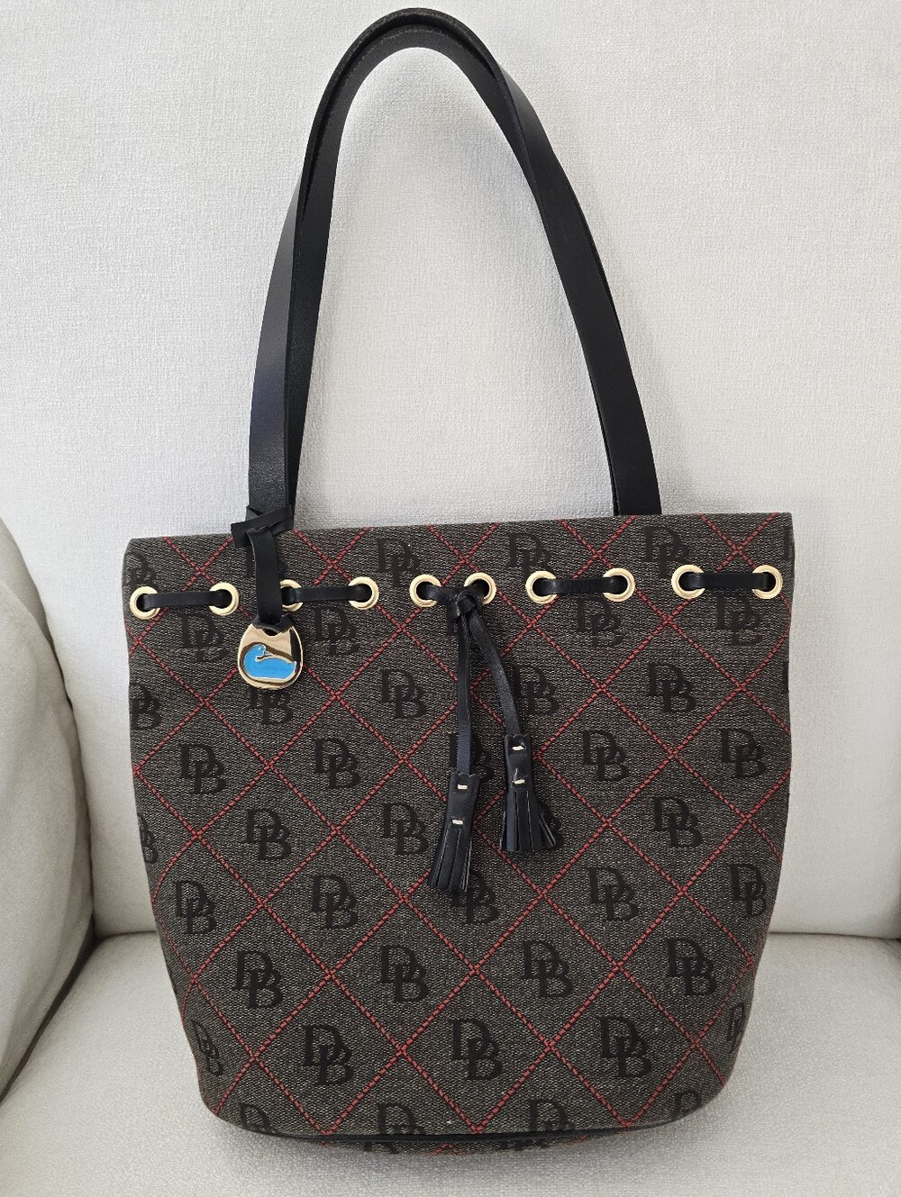 Dooney & Burke Signature Black Canvas Tote Bag with Red Stitching USA